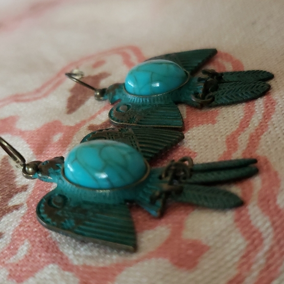 (B) Southwestern Earrings Tribal Bird Turquoise Native American Bird Feathers - Picture 3 of 8